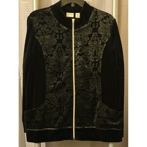 Chico's Zenergy Full Zip Jacket‎ M (1) Black Velour Sweater Knit Floral Print